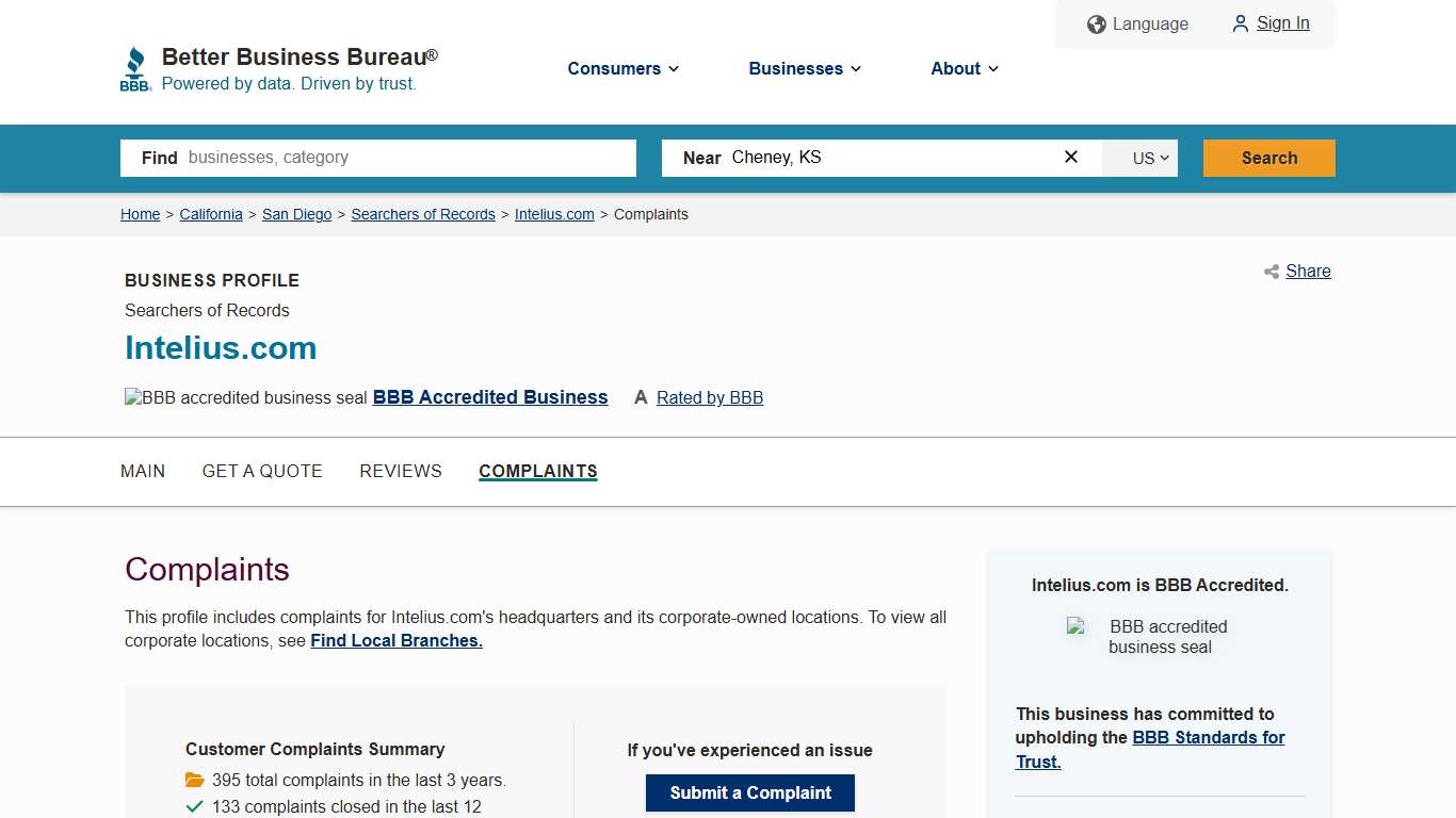 Intelius.com BBB Complaints Better Business Bureau